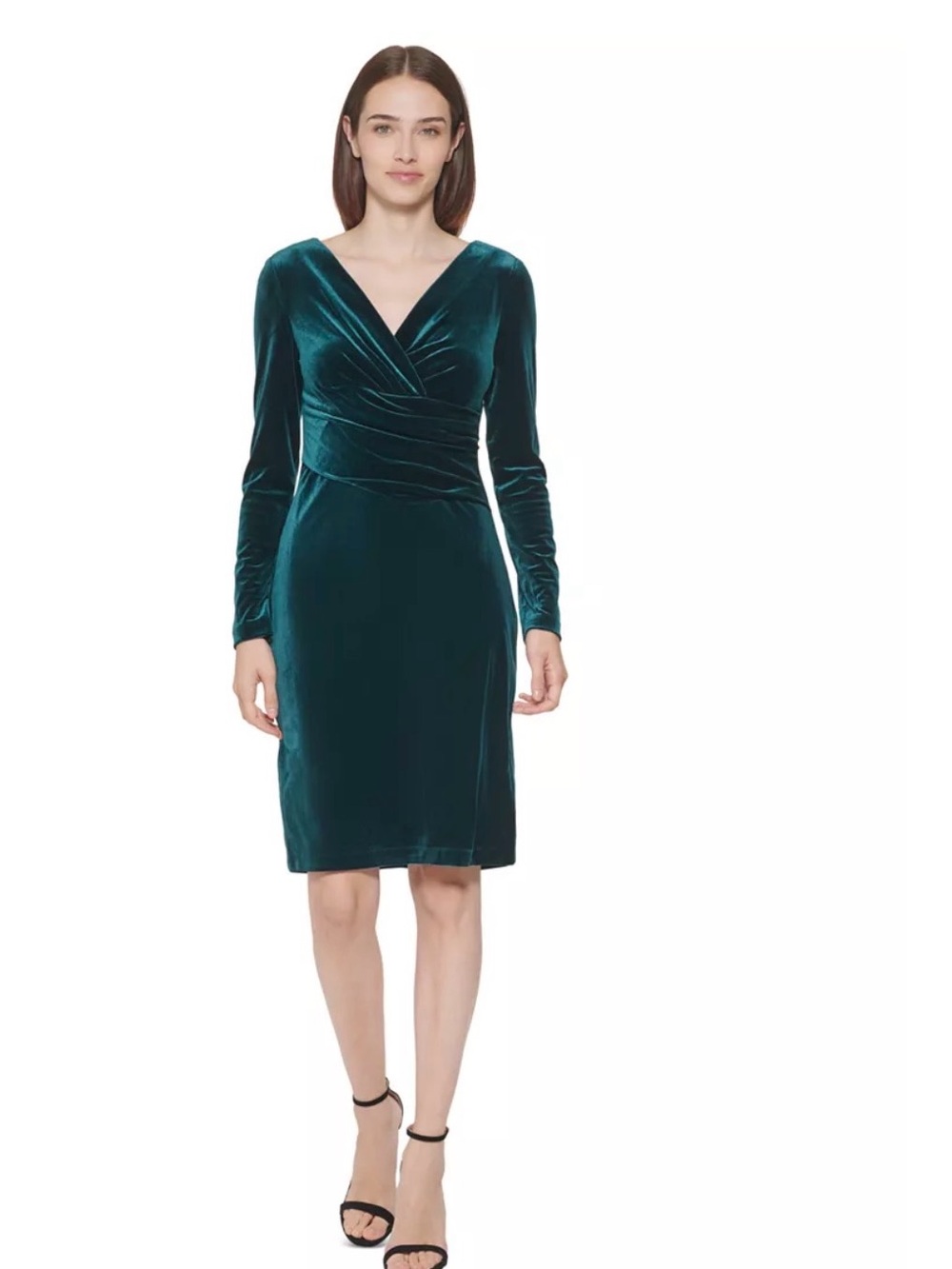 Eliza J Teal Velvet Long-Sleeve V-Neck Dress